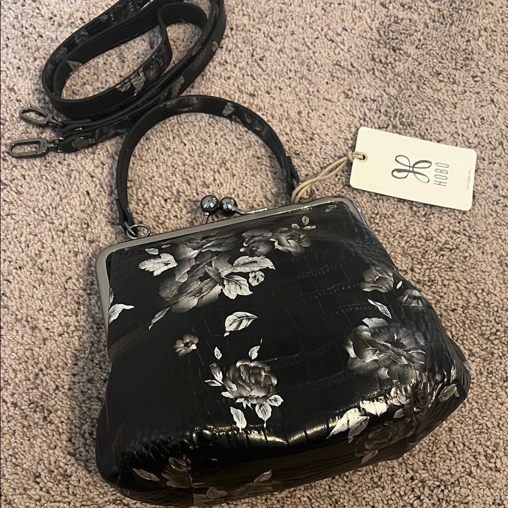 HOBO Leather Black and Gray Rose Croco Print Alba Crossbody Bag